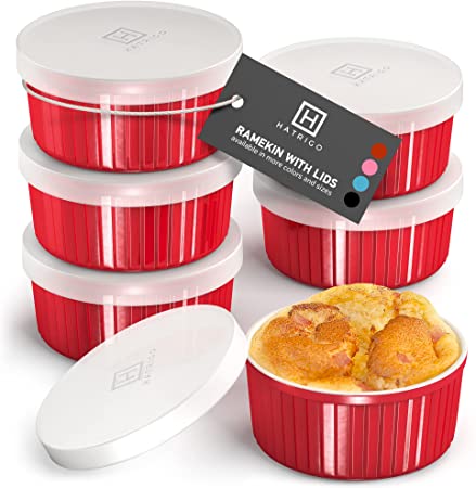 Hatrigo Porcelain Ramekins with Silicone Storage Lids, Set of 6 Red Ramekins, Ramekins 6 oz Oven Safe, 450 deg F, Dishwasher Safe