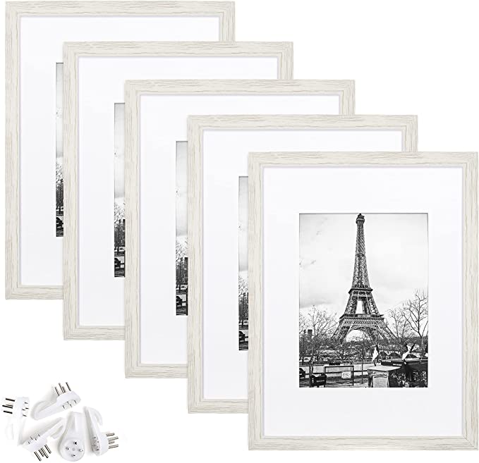 upsimples 9x12 Picture Frame Set of 5,Display Pictures 6x8 with Mat or 9x12 Without Mat,Wall Gallery Photo Frames,White Woodgrain