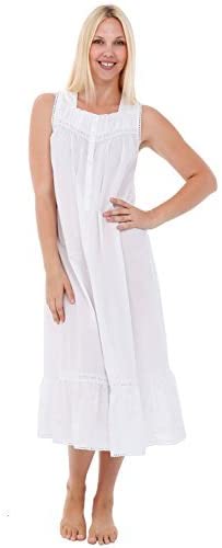 Alexander Del Rossa Womens Diana Cotton Nightgown, Sleeveless Victorian Sleepwear for Her