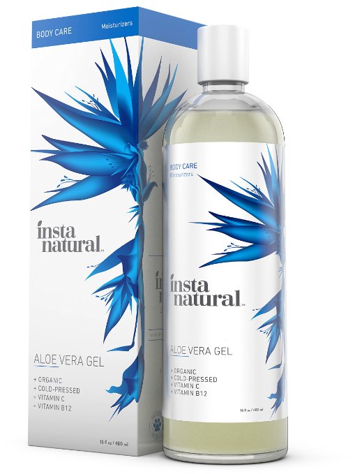 InstaNatural Aloe Vera Gel - 16 oz (480 ml) Pure, Organic & Cold-Pressed Moisturizer for Face & Hair - Great for Dry, Damaged & Aging Skin - Works on Sunburns, Acne, Razor Bumps & Insect Bites