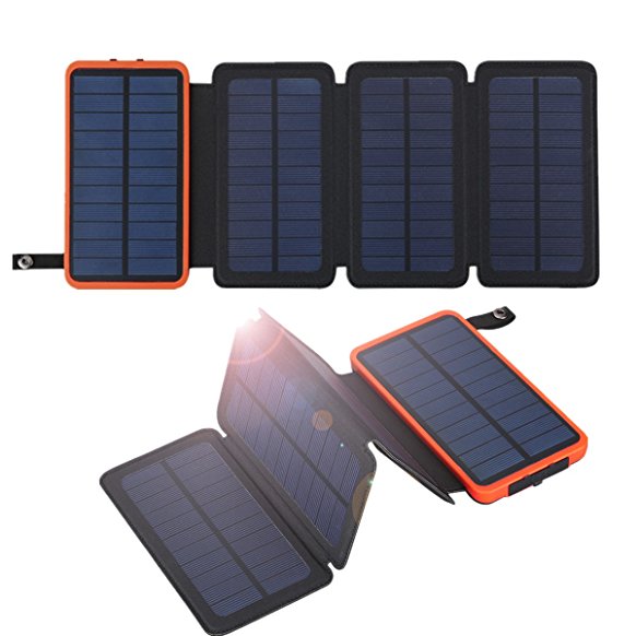 FLOUREON 10000mAh Portable Foldable Solar Panel Charger Power Bank Backup Battery with Dual USB LED Lighting for iPhone iPad Android Phone Emergency Camping Outdoors(Orange)