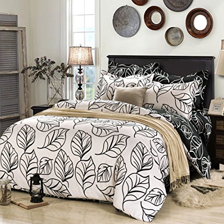 QzzieLife Microfiber 1500 Thread Count 4pc Bedding Duvet Cover Sets Hand-painted Leaves Print White Size Full/Queen