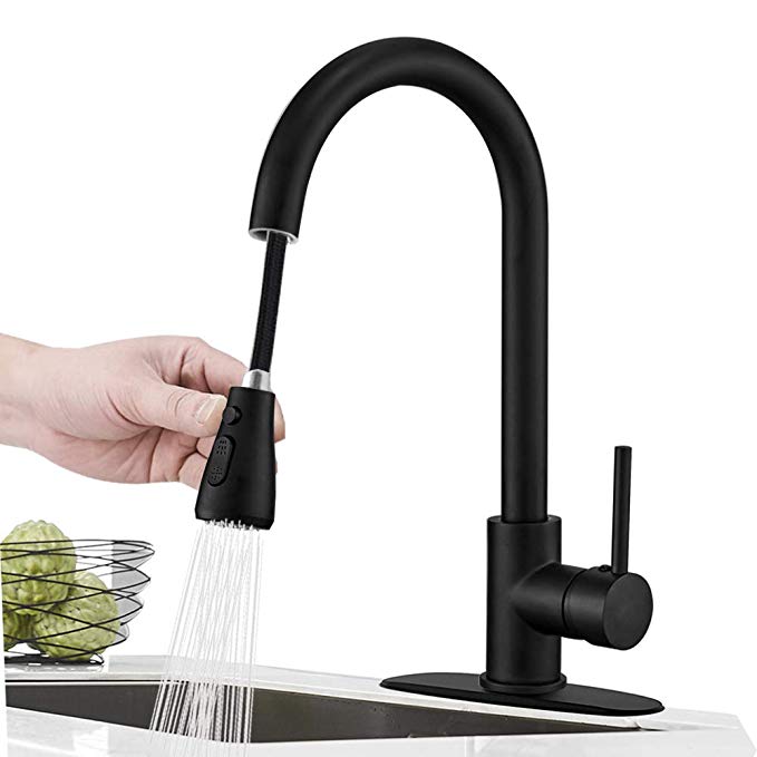 Hoimpro Commercial High-Arc Single Handle Kitchen Sink Faucet With Pull Out Sprayer,Rv kitchen Faucet With Pull Down Sprayer,3 Function Touch on Laundry Water Faucet, Brass/Matte Black(1 or 3 Hole)