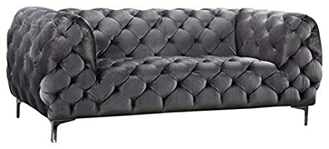 Meridian Furniture Mercer Modern Style Low Back Velvet Upholstered Loveseat with Deep Button Tufting, and Custom Chrome Legs, Grey