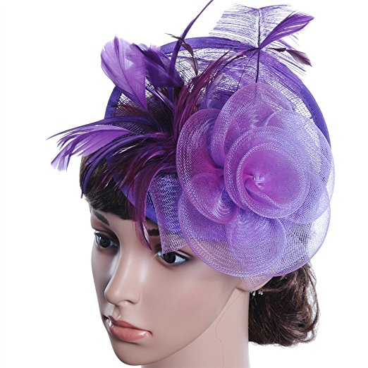 APXPF Womens Feather Mesh Net Sinamay Fascinator Hat with Hair Clip Tea Party Derby
