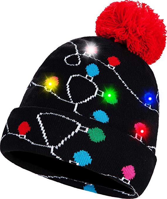 BLUBOON Novelty LED Light Up Christmas Hat Knitted Ugly Sweater Holiday Xmas Beanie Colorful Funny Hat Gift