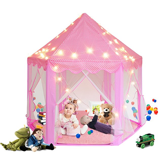 Sunba Youth Kids Play Tent, Super Fantasy Pink Princess Castle Playhouse Canopy Tent with LED Light for Children Indoor and Outdoor
