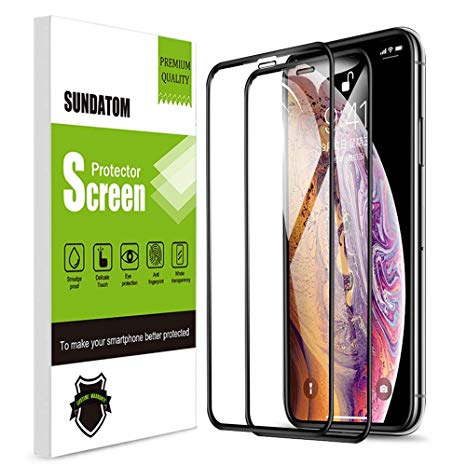 Sundatom Screen Protector For iPhone Xs Max, Full Cover 3D Tempered Glass [2 Pack] 6.5" Black Edge to Edge Protective Film [Shock-Proof] [Anti-Scratch] [ Anti-Shatter]