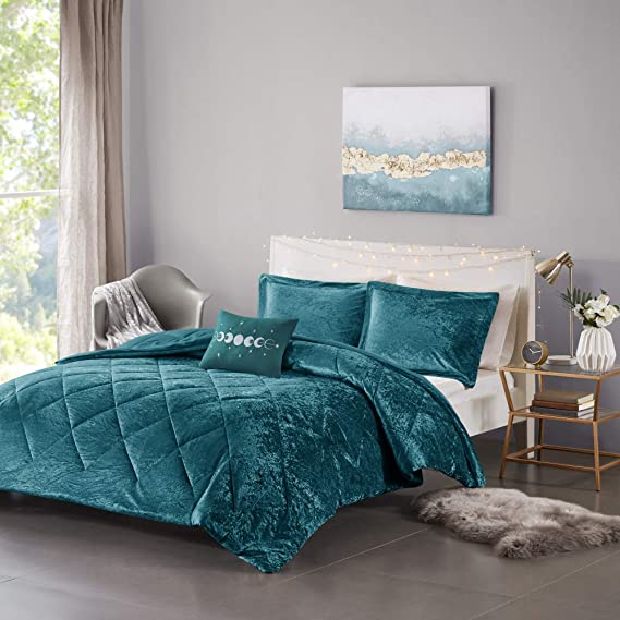 Intelligent Design Felicia Luxe Comforter Velvet Lush Double Sided Diamond Quilting Modern All Season Bedding Set with Matching Sham, Decorative Pillow, Full/Queen(90"x90"), Teal 4 Piece