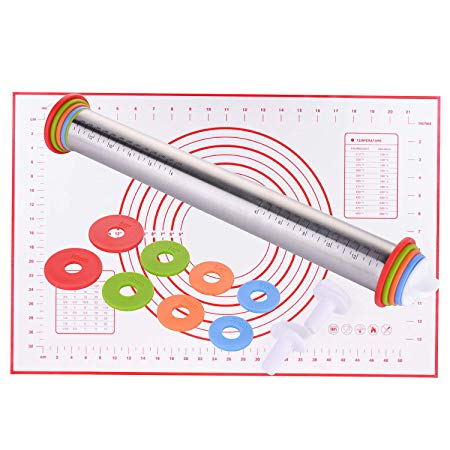 Rolling Pin, EKKONG Stainless Steel Roller Pins with 4 Removable Adjustable Thickness Rings and Pastry Mat for Baking, Pastry, Pizza Pie, Cookie, Fondant Dough