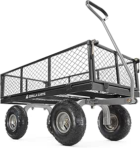 Gorilla Carts 800 Pound Capacity Steel Utility Cart, Flatbed Dolly Gardening Cart Outdoor Yard Wagon with Tow Handle and Removable Sides, Grey