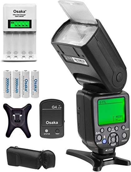 Osaka TTL Camera Flash Speedlite Speedlight DF960 Mark IV with 2.4G Radio Trigger for Canon DSLR Cameras with NI-MH HR06 4xAA 3000mAh Battery Set & Ultra Fast Charger OSK-C903W LCD Charger