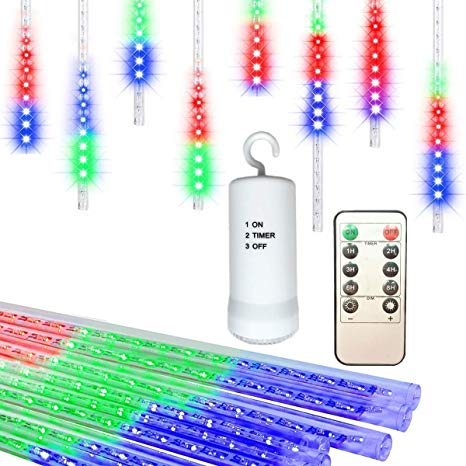 LED Meteor Shower Christmas Lights,Battery/USB Powered,11.8in 8 Tubes 144 LED Connectable Snow Fall Icicle Raindrop Decor Lights for Holiday Party Wedding Christmas Tree Decoration - Multicolor