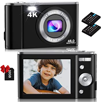 Digital Camera, Nsoela 4K FHD 48MP Kids Camera with 32 GB Card, Compact Point and Shoot Camera, 2.8" LCD Screen,16X Digital Zoom, Portable Mini Kids Camera for Teens,Students,Children (Black)