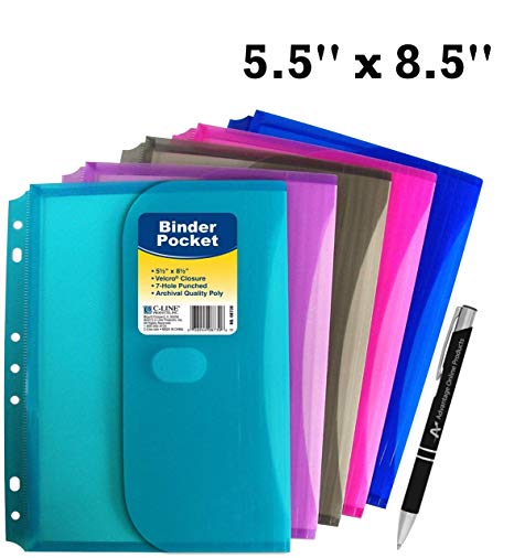 5-Pack C-line Super Heavyweight Mini 5.5 x 8.5 Poly Binder Pocket with Hook and Loop Closure, 1/2-inch Cap, 1 of each Color, 5 Total with Bonus Retractable Custom Black and Chrome Advantage Pen (08730)