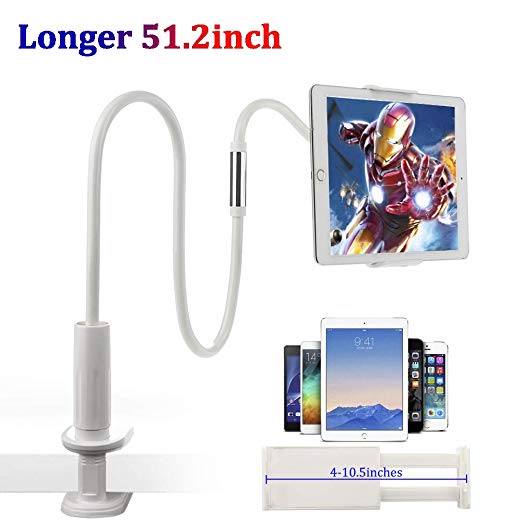 Tablet Stand Clamp Mount, Adjustable Long Arm Gooseneck Tablet Holder 360° Rotating Cellphone Holder for Bed Compatible for iPad iPhone Cell Phone Mini Kindle 4.7-10.5 inch, Length 51.2inch (Sliver)