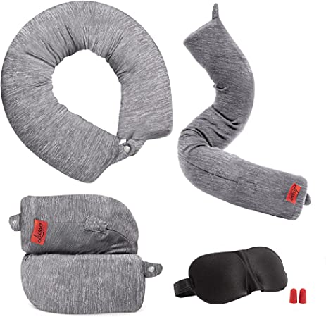 Lusso Gear Twist Memory Foam Travel Pillow for Neck, Chin, Lumbar, Leg Support - Adjustable Pillow for Plane, Car, Bus, Train, & Home - Removable Cover for Easy Cleaning, with Ear Plugs & Eye Mask