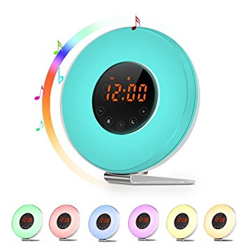 Wake Up Light Alarm Clock - JONYJ Sunrise Alarm Clock with 7 Color Light - Sunrise Simulator With Night Light - With Nature Sounds or FM Radio Alarm - USB Charger - Touch Control - For Heavy Sleepers