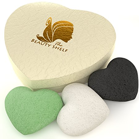 Konjac Sponge (3 Pack) Charcoal, Green Tea & Natural Facial Cleansing & Exfoliating Beauty Sponges