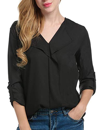 ACEVOG Women's Chiffon Blouses V Neck Roll Up Long Sleeve Solid Loose Fit Top Shirts