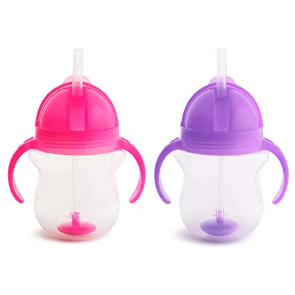 Munchkin Any Angle Click Lock Weighted Straw Trainer Cup, Pink/Purple, 7oz, 2pk