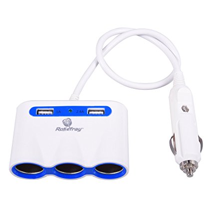 Rosefray 3 Socket Cigarette Lighter Power Adapter, DC12V/24V Car Charger Splitter with Dual USB Ports for iPhone ,iPad,Samsung,Blue&White