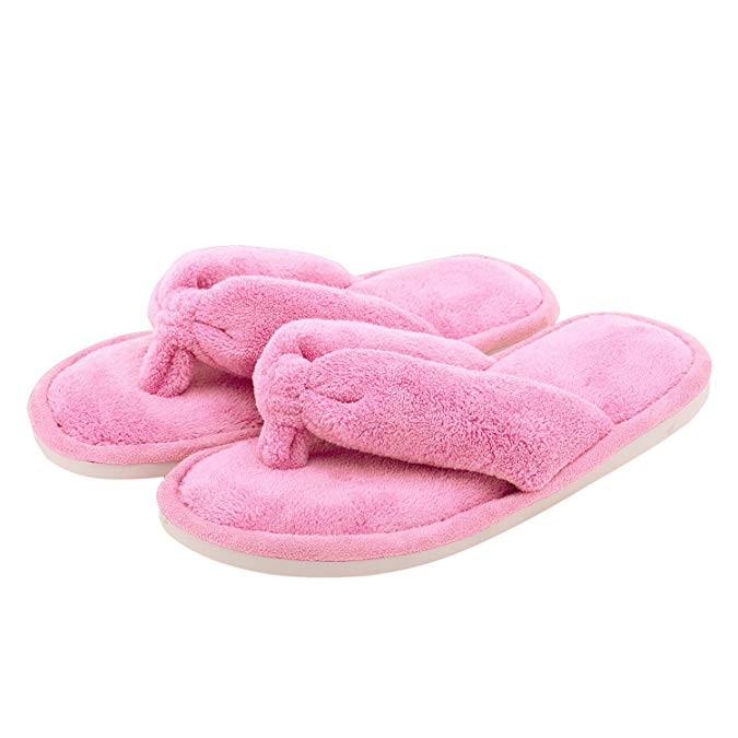 Indoor Thong Slippers for Women Open Toe Slide On, Plush Anti Slip Flip Flops