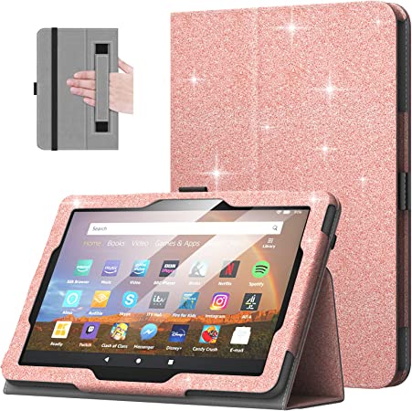 MoKo Case Fits All-New Amazon Kindle Fire HD 8 & 8 Plus Tablet (12th Generation/10th Generation, 2022/2020 Release) 8",Slim Folding Stand Cover with Auto Wake/Sleep, Glitter Pink