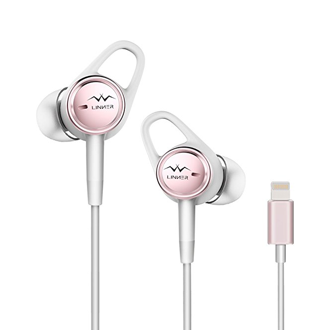 iPhone Earbuds, Linner Active Noise Cancelling Headphones Lightning In-Ear Wired Earphone w/ Built-In Mic and Remote (Comfortable and Secure Fit, MFi Certified) for iPhone X 8 7 6 Plus, iPad, iPod -Rose Gold