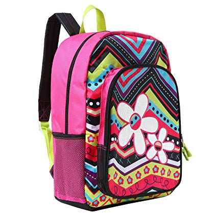 MGgear 17 inch Flower & ZigZag Pattern Kids School Book Bag / Backpack for Girls
