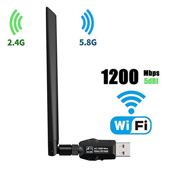WiFi Adapter 1200Mbps, USB 3.0 WiFi Dongle 802.11 ac Wireless Network Adapter with Dual Band 2.4GHz/300Mbps 5GHz/866Mbps 5dBi High Gain Antenna for Laptop Destop Win XP/7/8/10, Mac OS X 10.6-10.14