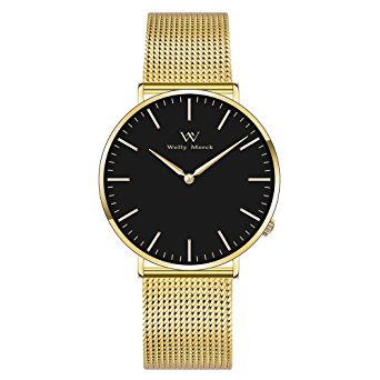 Welly Merck Men’s Luxury Watch Minimalist Quartz Movement Sapphire Crystal Analog Wrist Watch with Gold Stainless Steel 20mm Width Mesh Interchangeable Strap, 5 ATM Water Resistant