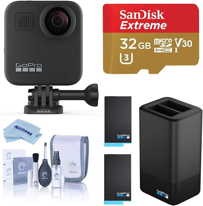 GoPro MAX Waterproof 360 Camera   Hero Style Video, 5.6K30 UHD Video 16.6MP Photos Power Bundle with Dual Charger, 2 Extra Battery, 32GB microSD Card, Cleaning Kit