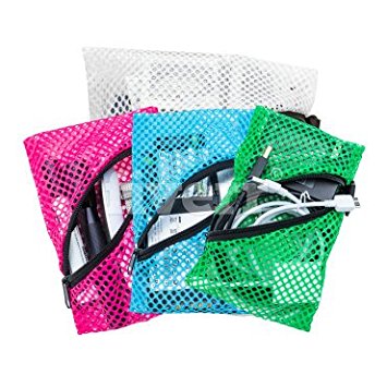 4 DY Reier Mesh Travel ,Home, Office, Desk organizer & Storage Bags. (Assorted colors & Sizes) (4, 1 White, 1 Blue, 1 Hot Pink, 1 Green)