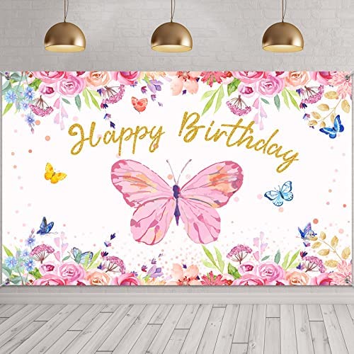 Butterfly Birthday Party Decorations Supplies Butterfly Backdrop for Girls Butterfly Birthday Backdrop Banner Watercolor Baby Banner Spring Themed Party Photography Background, 70.8 x 43.3 Inches