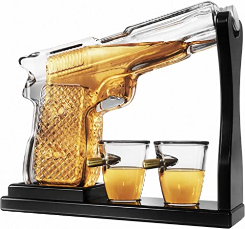 Pistol Gun Whiskey Decanter Bottle with Bullet Shot glasses. Liquor Decanter set for Vodka, Scotch, Bourbon