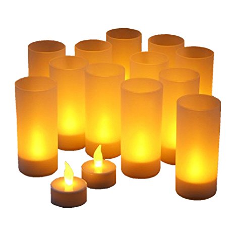 LED Flameless Tealight, Koiiko Rechargeable Portable 12 Tea Light Candles with Flickering Amber LEDs Holders with Charging Station - Last 10 to 12 Hours