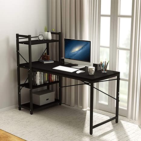 Tower Computer Desk with 4 Tier Storage Shelves - 47.6'' Multi Level Writing Study Table with Bookshelves Modern Steel Frame Wood Desk Compact for Small Spaces Home Office Workstation Black