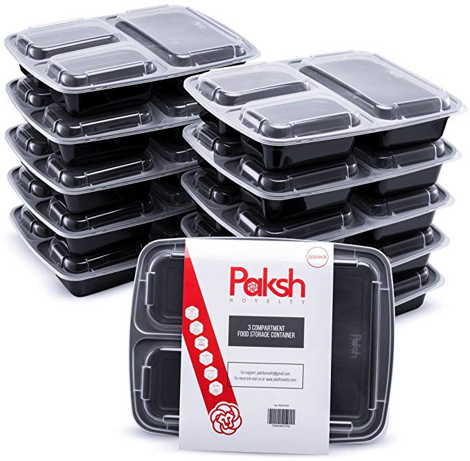 Meal Prep Lunch Containers - 3-Compartment (20 Pack) Plastic, Easy to Open Lids, BPA-Free, Reusable, Stackable, Microwave/Freezer Safe, Bento Box Food Storage Container for Diet Portion Control, ETC.