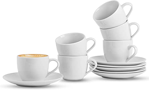 GOURMEX 4oz Ceramic White Espresso Cups and Saucers | Espresso Sets for Serving Hot Tea, Latte | 6 Piece Set Espresso Cups and Saucer Set | Microwave Dishwasher Safe (4oz)