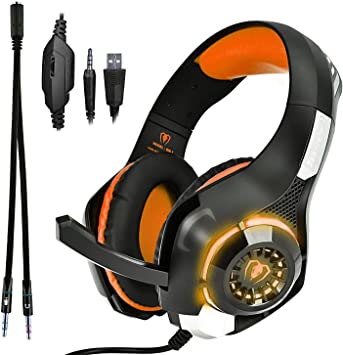 Beexcellent GM-1 Over-Ear Wired 3.5mm Pro Gaming Headset Surround Sound Gaming Headphone with LED Effect and Microphone for PC, Laptop, Tablet, PS4, Xbox, Cell Phone (Orange)