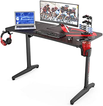 DESIGNA 47 inch Gaming Desk Racing Style, Computer Desk with Free Mouse pad, T-Shaped Professional Writing Table Workstation with USB Handle Rack, Cup Holder & Headphone Hook, Black