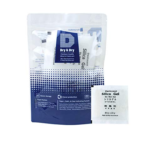 50 Gram Pack of 10 "Dry & Dry" Premium Pure & Safe Silica Gel Packets Desiccant Dehumidifiers - Rechargeable Fabric
