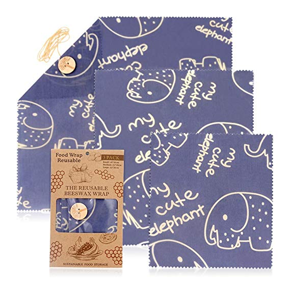 JUNMAO Reusable Beeswax Food Wraps,Cute Elephant Eco Friendly & Sustainable Plastic Free Food Storage,Natural Ingredients,Anti Bacterial,Cling Wrapper Replacement,Assorted 3 Pack