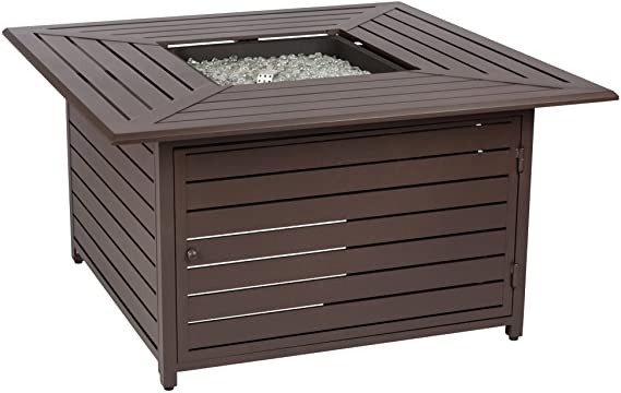 Fire Sense Danang Square 44 Inch Aluminum LPG Fire Pit Table | Mocha Powder Coat Finish | 50,000 BTU Output | Uses 20 Pound Propane Tank | Fire Bowl Lid, Vinyl Weather Cover, and Clear Fire Glass Included | Lightweight Outdoor Heater for All Seasons