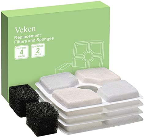 Veken 4 Pack Replacement Filters & 2 Pack Replacement Pre-Filter Sponges for Automatic Pet Fountain Cat Water Fountain Dog Water Dispenser