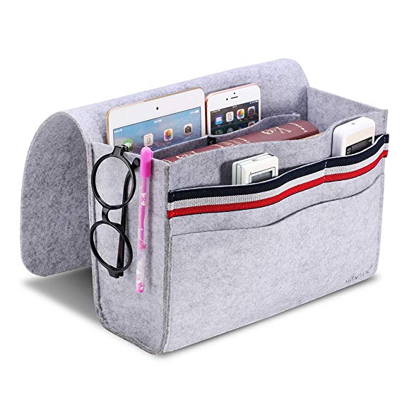 MANGATA Bedside Organiser Caddy, Bedside Storage Pocket with 5 Pocket 12.2 * 8 * 4.5" Remote Control, Mobile Phone, Glasses, Grey