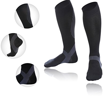 HIGH FIT Pro Compression Socks with Triangle of Support; Arch ; Ankle & Calf – Enjoy Enhanced Performance & Faster Recovery. Offers EXTRA STRONG Compression and Support (1 Pair)