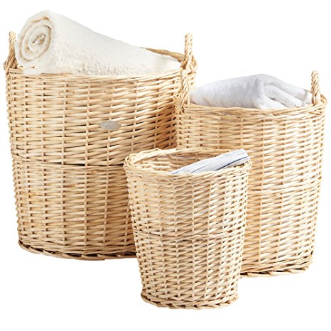 VonHaus 3 Piece Natural Wicker Storage/ Laundry Basket & Waste Paper Bin Set
