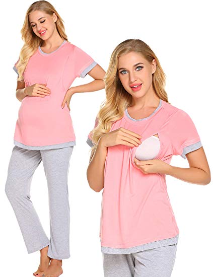 Romanstii Maternity Nursing Pajamas Set,Patchwork Short Sleeve Breastfeeding Sleepwear S-XXL
